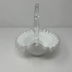 Vintage Fenton Silver Crest Milk Glass Art Glass Ruffled Basket